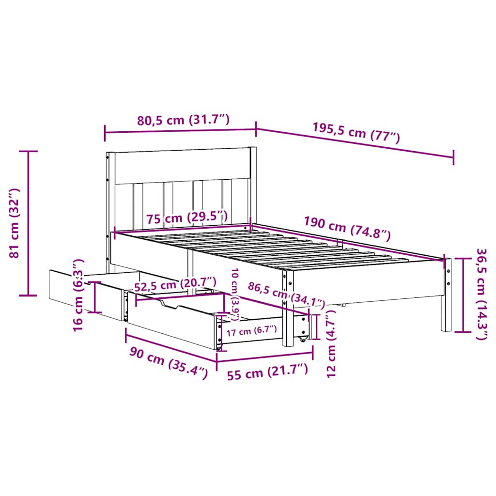 vidaXL Rama łóżka bez materaca, biała, 75x190 cm, lite drewno sosnowe