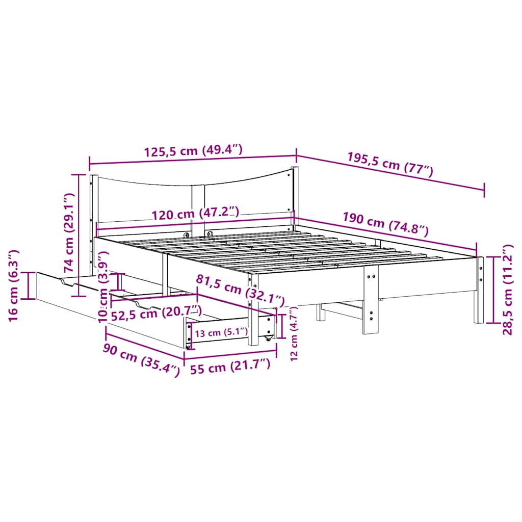 vidaXL Rama łóżka z szufladami, 120x190 cm, lite drewno sosnowe