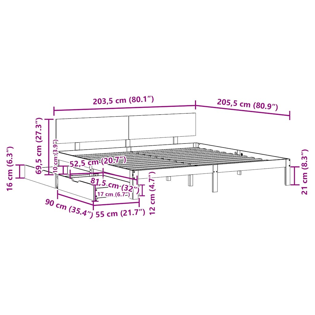 vidaXL Rama łóżka z szufladami, 200x200 cm, lite drewno sosnowe