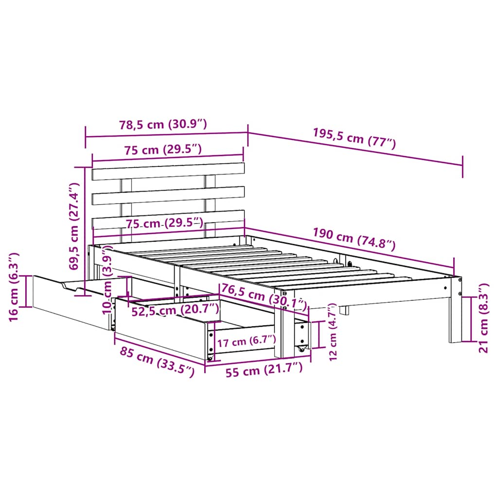 vidaXL Rama łóżka z szufladami, biała, 75x190 cm, lite drewno sosnowe