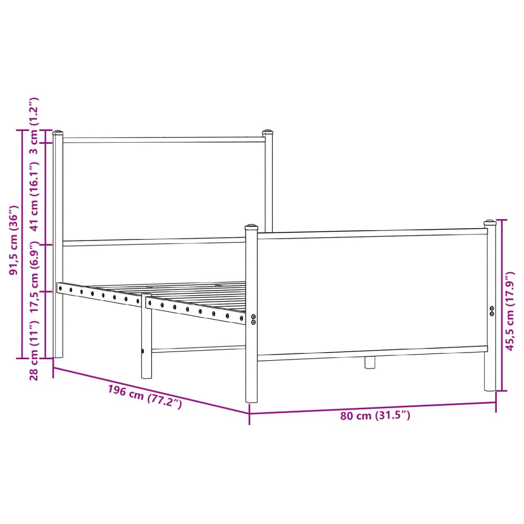 vidaXL Metalowa rama łóżka, bez materaca, dąb sonoma, 75x190 cm