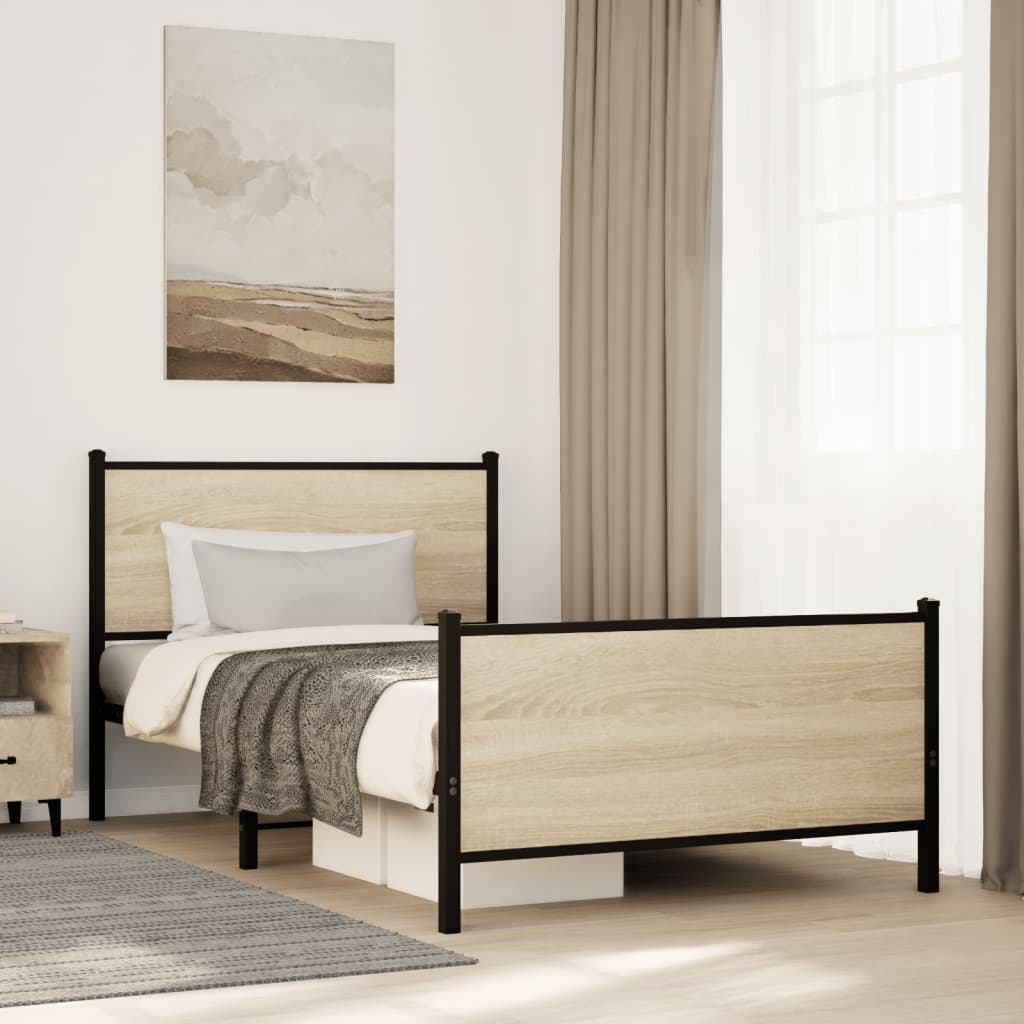 vidaXL Metalowa rama łóżka, bez materaca, dąb sonoma, 107x203 cm