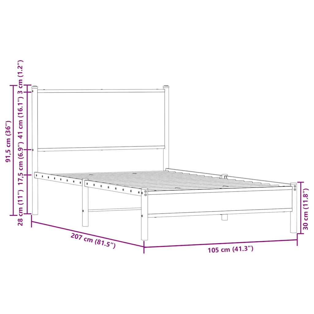 vidaXL Metalowa rama łóżka, bez materaca, przydymiony dąb, 100x200 cm