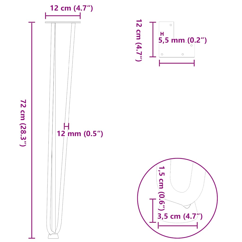 vidaXL nogi do stolików konsolowych do stolika konsolowego 4 szt. Naturalna stal 72 cm Solidna stal