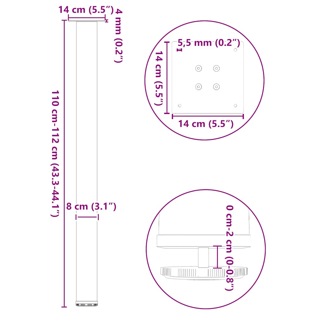 vidaXL Nogi do stołu barowego 4 szt. Naturalna stal 110-112 cm Stal