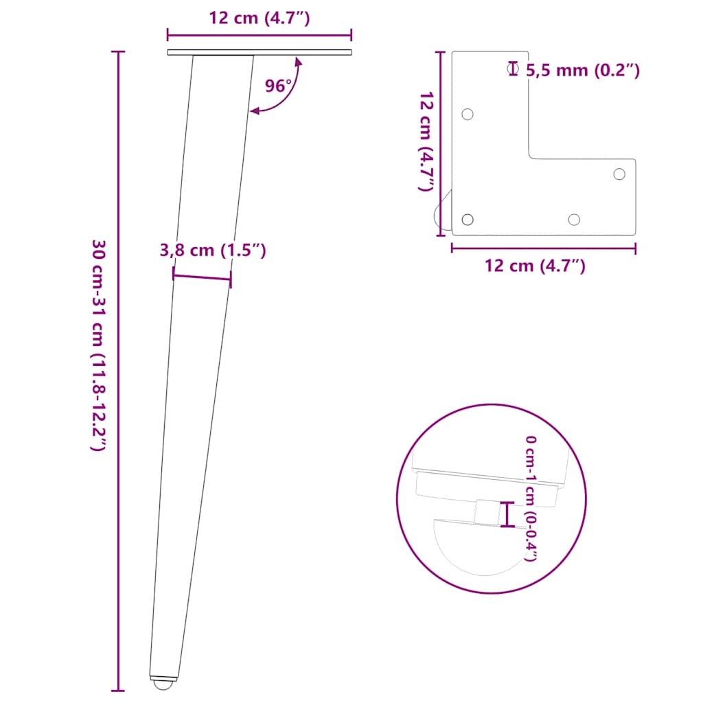 vidaXL Nogi do stolika kawowego w kształcie stożka 4 szt. Białe 30-31 cm Stal