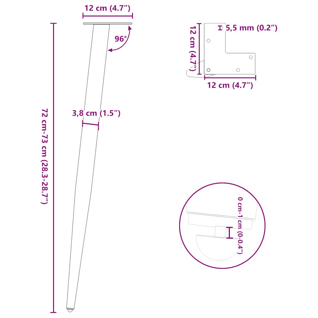 vidaXL Nogi do stołu konsolowego w kształcie stożka 4 szt. Białe 72-73 cm Stalowe