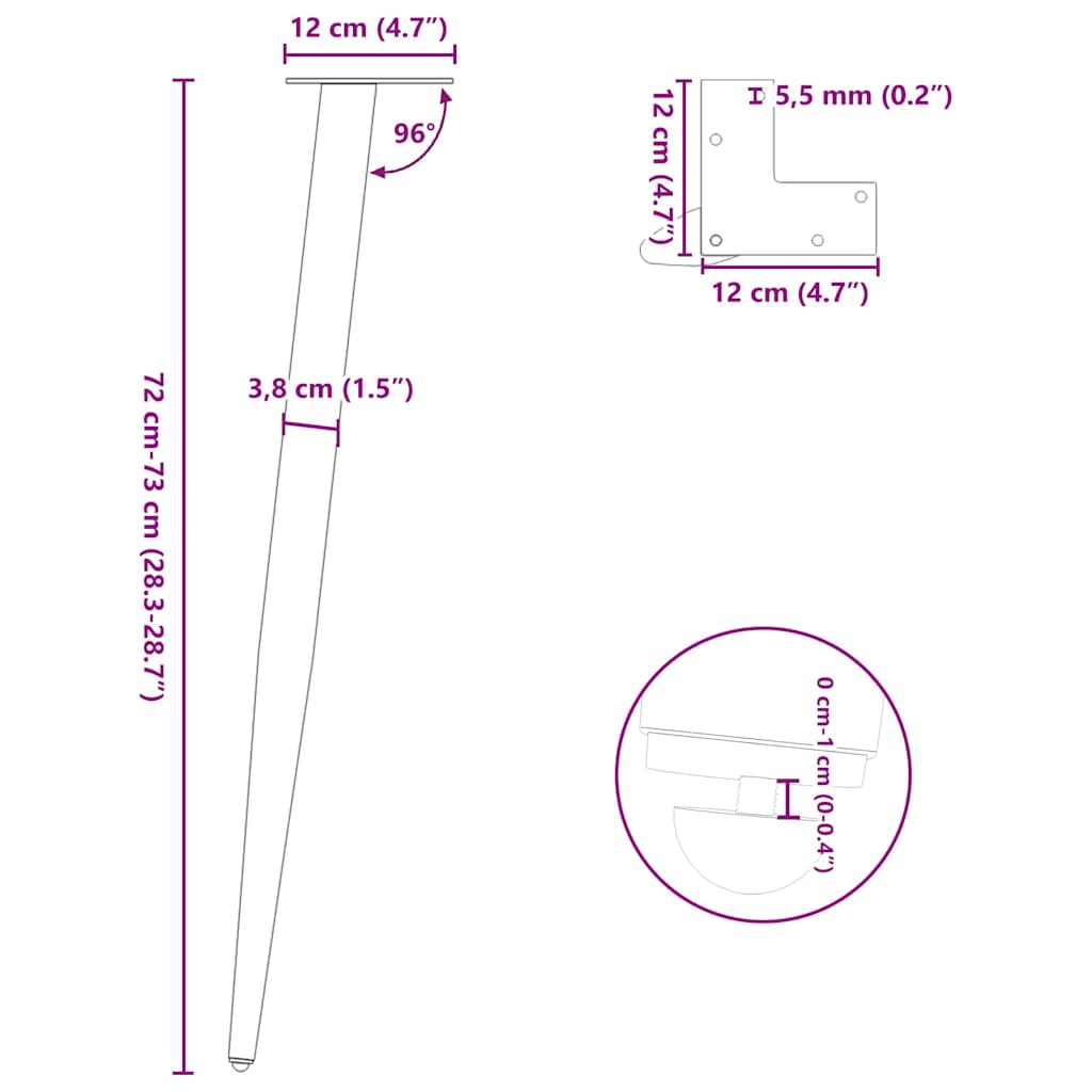 vidaXL Nogi do stołu konsolowego w kształcie stożka 4 szt. Antracyt 72-73 cm Stal