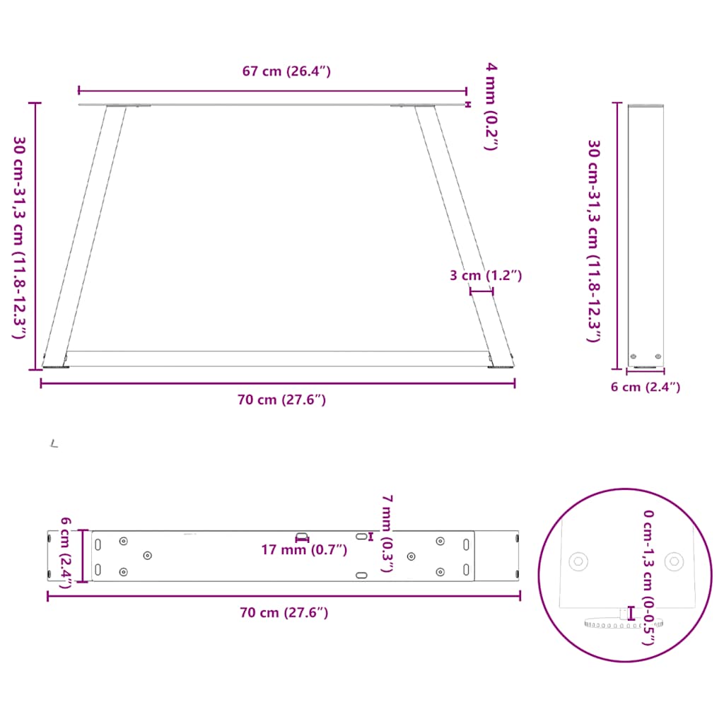 vidaXL Nogi do stolika kawowego w kształcie litery V 2 szt. Czarne 70x(30-31,3) cm Stalowe