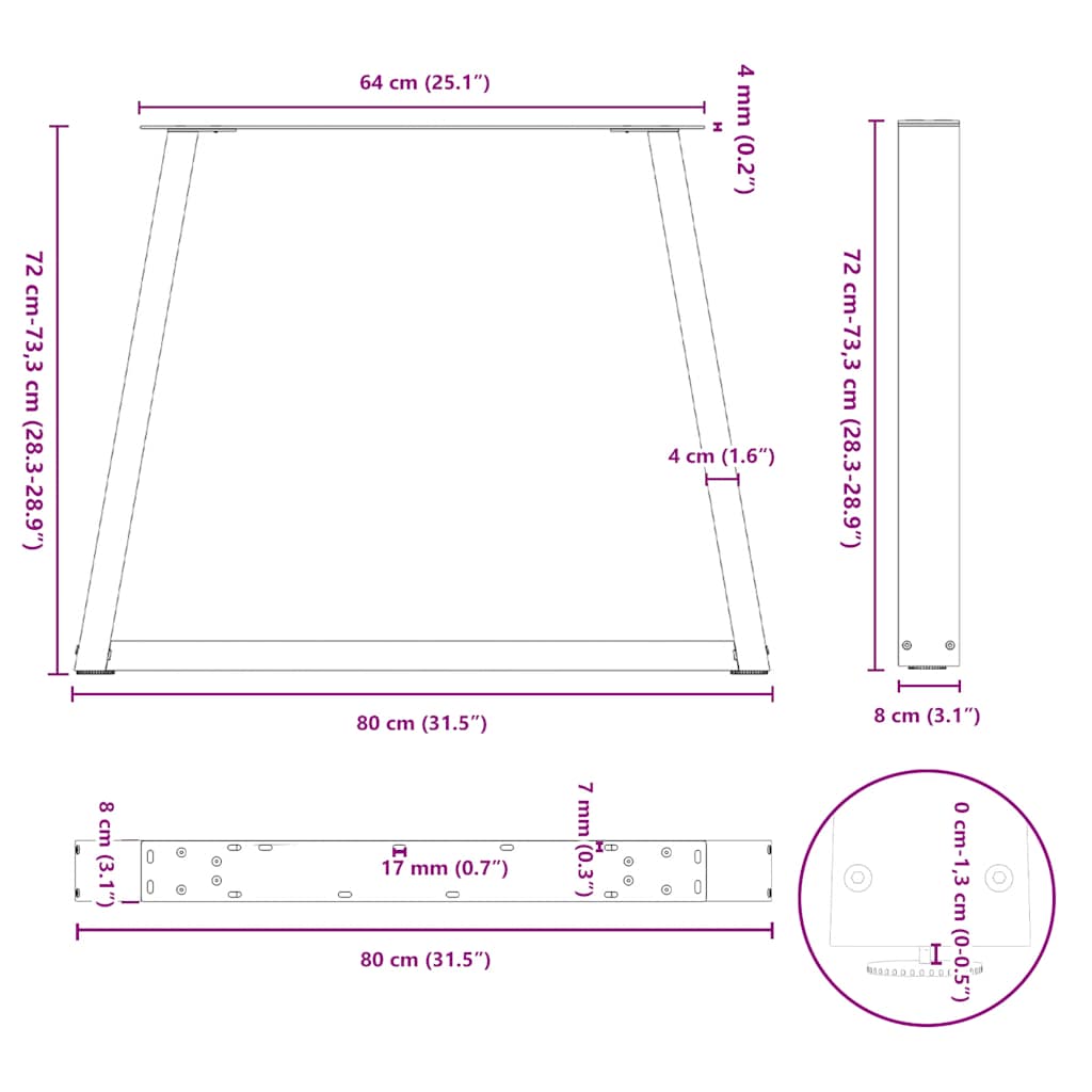 vidaXL Nogi do stołu jadalnego w kształcie litery V 3 szt. Naturalna stal 80x(72-73,3) cm Stal