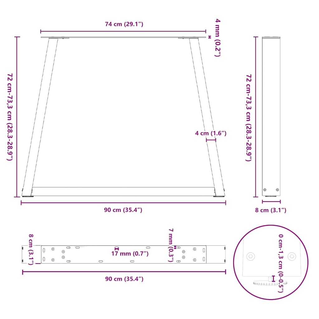 vidaXL Nogi do stołu jadalnego w kształcie litery V 3 szt. Czarne 90x(72-73,3) cm Stal