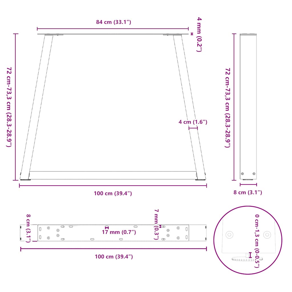 vidaXL Nogi do stołu jadalnego w kształcie litery V 3 szt. Czarne 100x(72-73,3) cm Stal