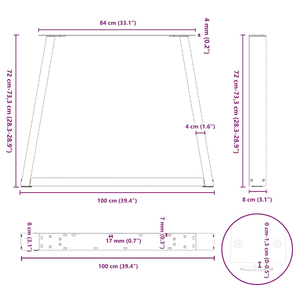 vidaXL Nogi do stołu jadalnego w kształcie litery V 3 szt. Białe 100x(72-73,3) cm Stal