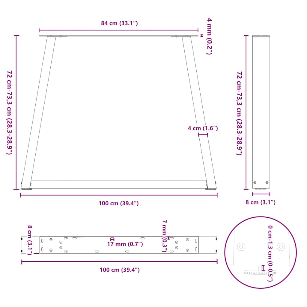vidaXL Nogi do stołu jadalnego w kształcie litery V 3 szt. Naturalna stal 100x(72-73,3) cm Stal