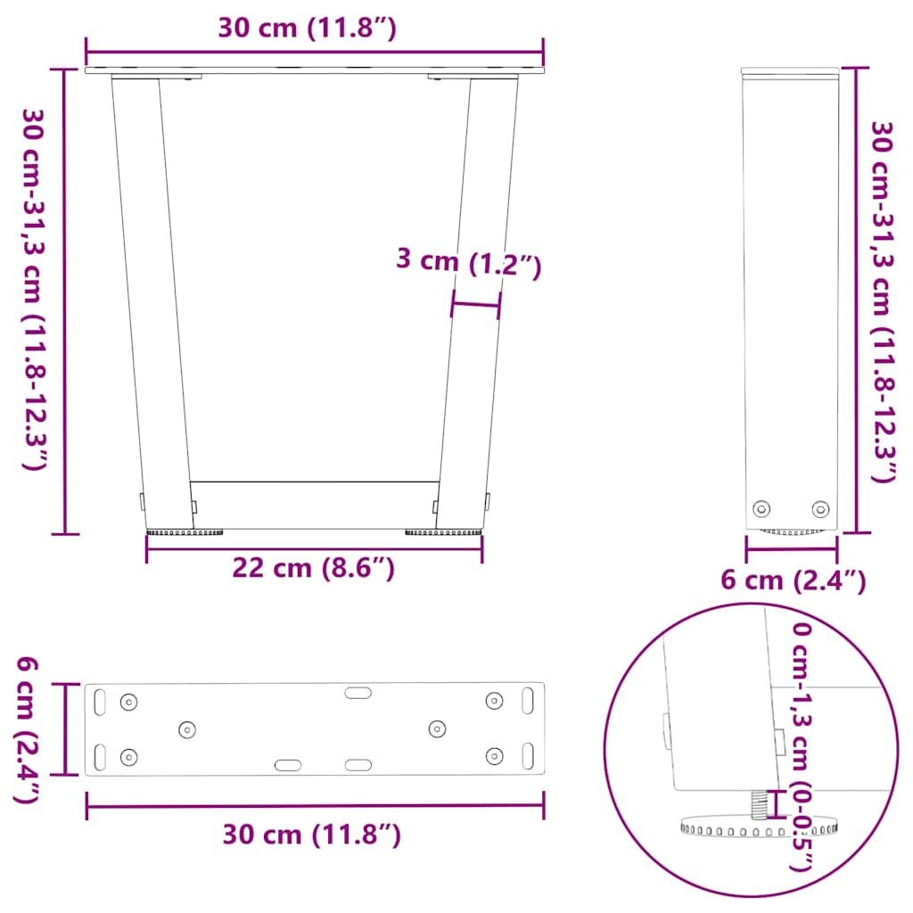 vidaXL Nogi do stolika kawowego w kształcie litery V 2 szt. Naturalna stal 30x(30-31,3) cm Stal