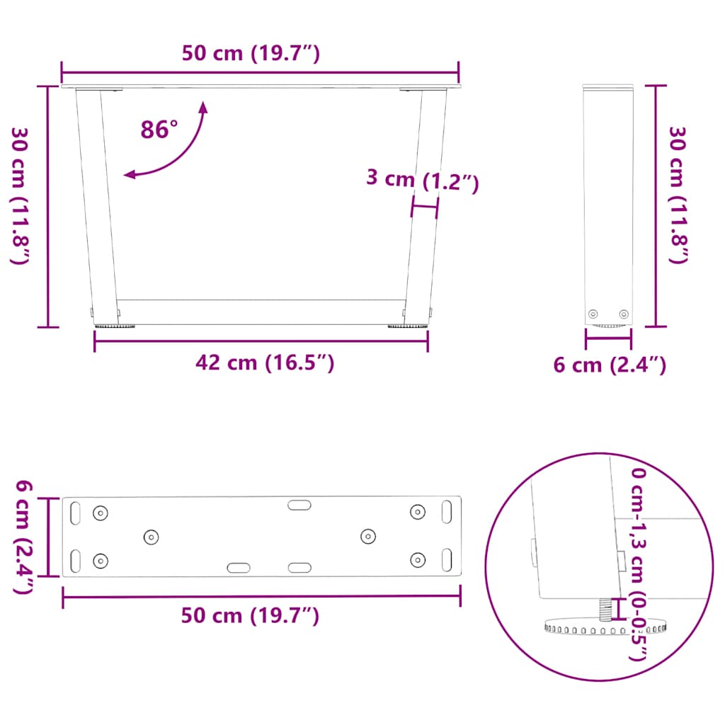 vidaXL Nogi do stolika kawowego w kształcie litery V 2 szt. Naturalna stal 50x(30-31,3) cm Stal