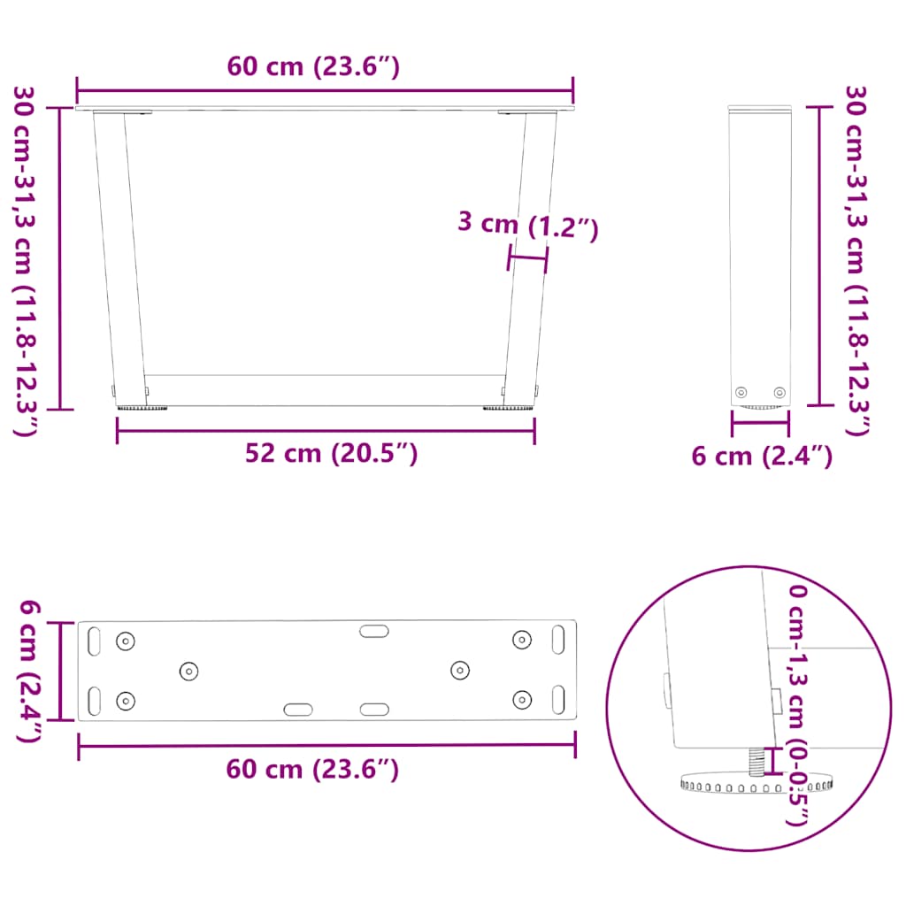 vidaXL Nogi do stolika kawowego w kształcie litery V 2 szt. Białe 60x(30-31,3) cm Stal