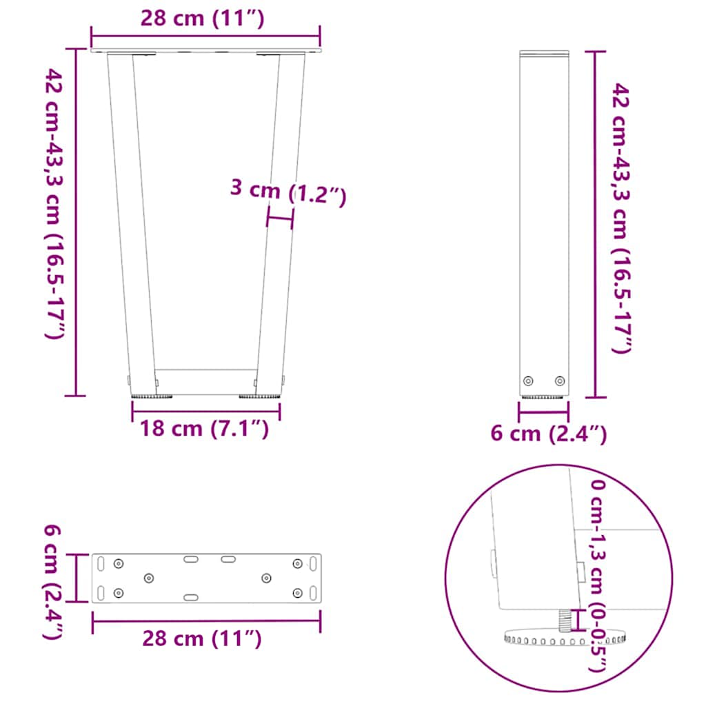 vidaXL Nogi do stolika kawowego w kształcie litery V 2 szt. Naturalna stal 28x(42-43,3) cm Stal