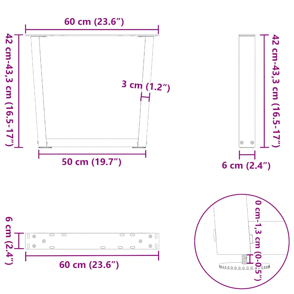 vidaXL Nogi do stolika kawowego w kształcie litery V 2 szt. Czarne 60x(42-43,3) cm Stal