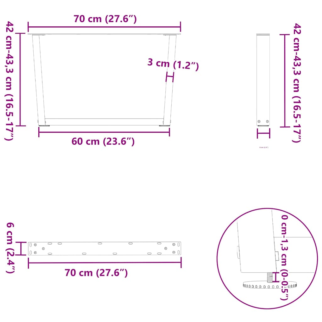 vidaXL Nogi do stolika kawowego w kształcie litery V 2 szt. Czarne 70x(42-43,3) cm Stalowe