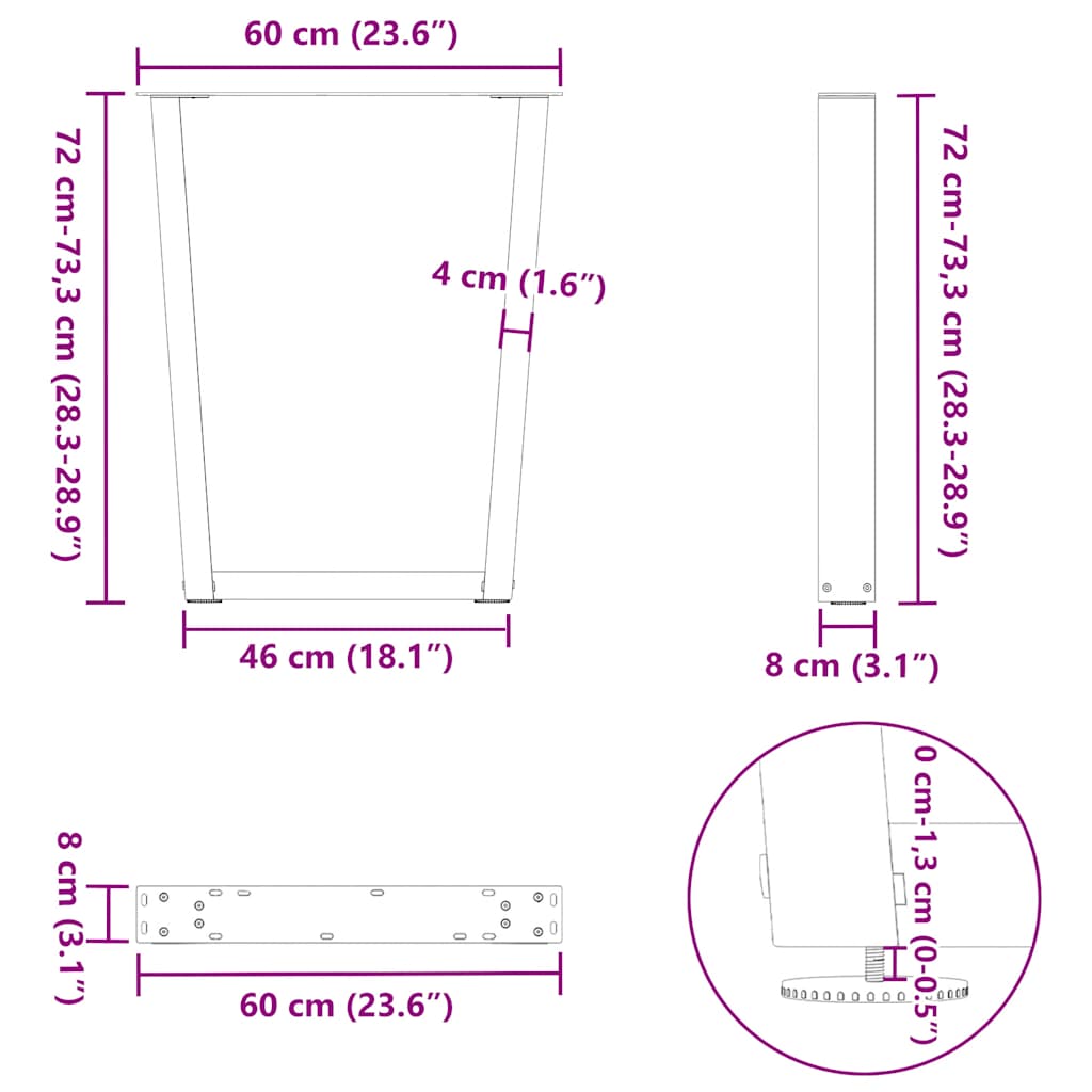 vidaXL Nogi do stołu jadalnego w kształcie litery V 2 szt. Czarne 60x(72-73,3) cm Stal