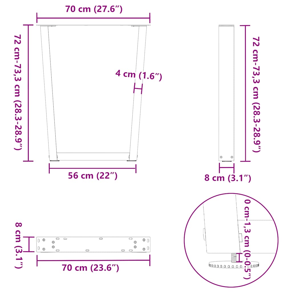 vidaXL Nogi do stołu jadalnego w kształcie litery V 3 szt. Czarne 70x(72-73,3) cm Stalowe
