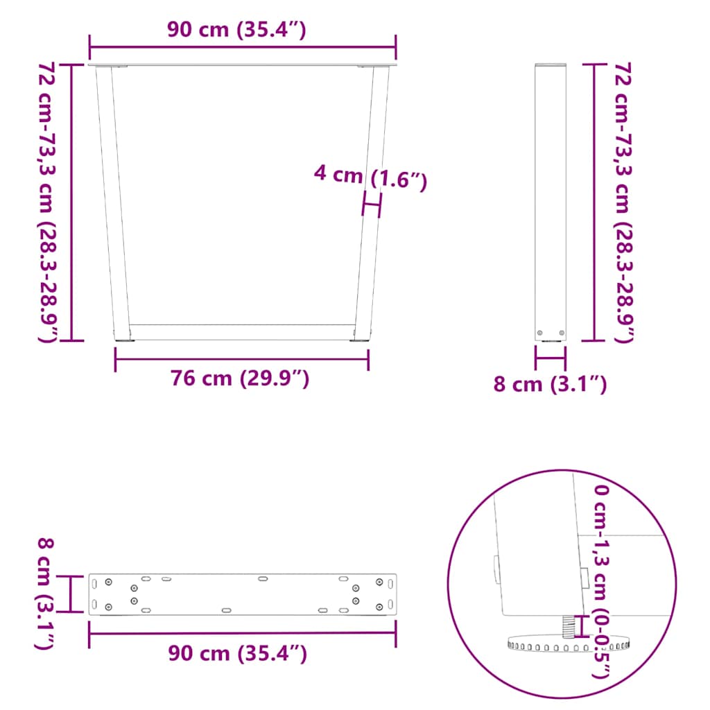 vidaXL Nogi do stołu jadalnego w kształcie litery V 3 szt. Antracyt 90x(72-73,3) cm Stal
