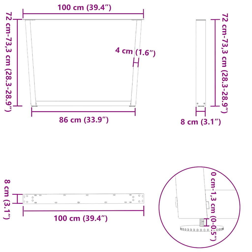 vidaXL Nogi do stołu jadalnego w kształcie litery V 3 szt. Antracyt 100x(72-73,3) cm Stal