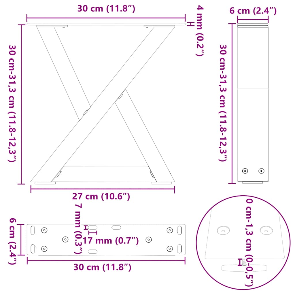 vidaXL Nogi do stolika kawowego 2 szt. Czarne 30x(30-31,3) cm Stal