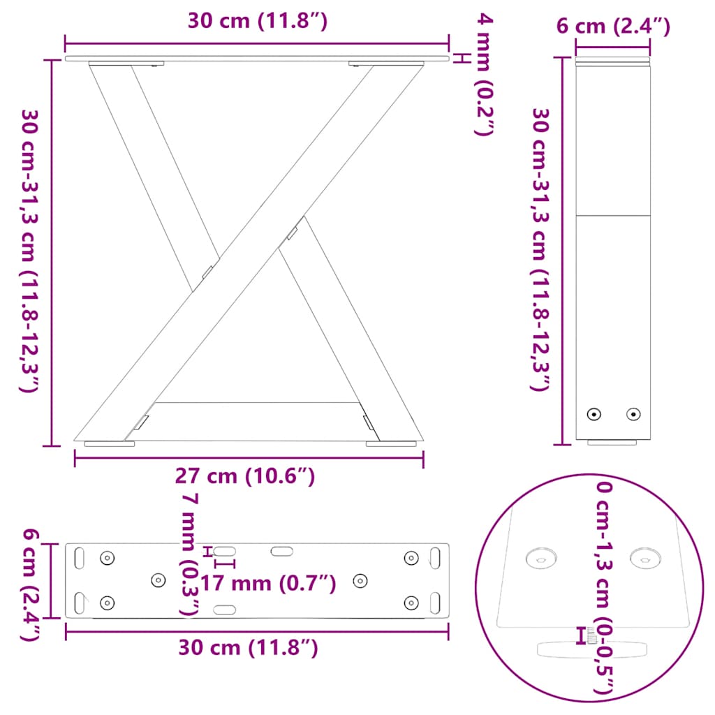 vidaXL Nogi do stolika kawowego 2 szt. Białe 30x(30-31,3) cm Stal