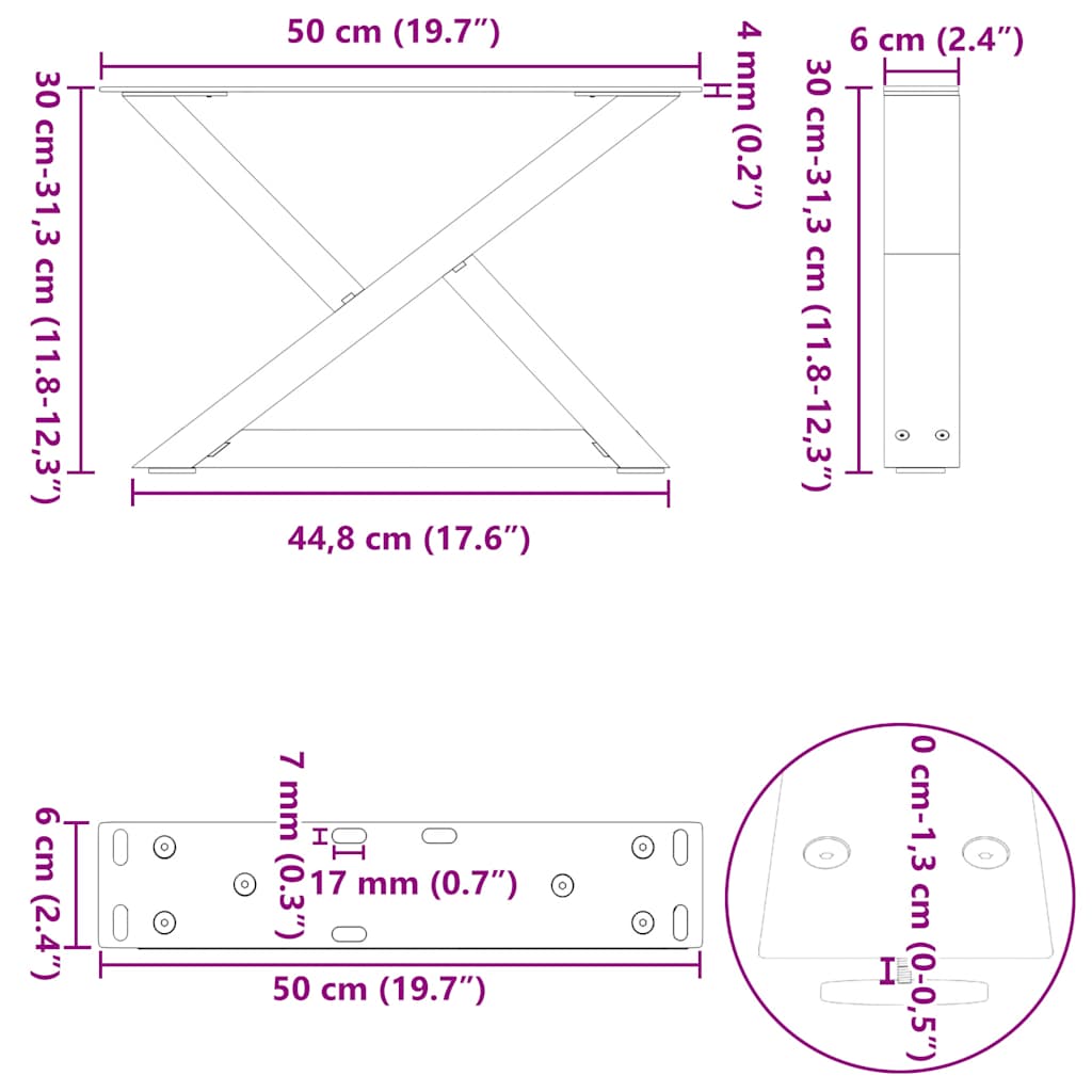 vidaXL Nogi do stolika kawowego 2 szt. Czarne 50x(30-31,3) cm Stal