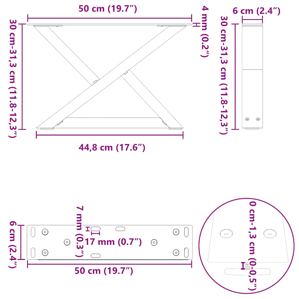 vidaXL Nogi do stolika kawowego 2 szt. Białe 50x(30-31,3) cm Stal