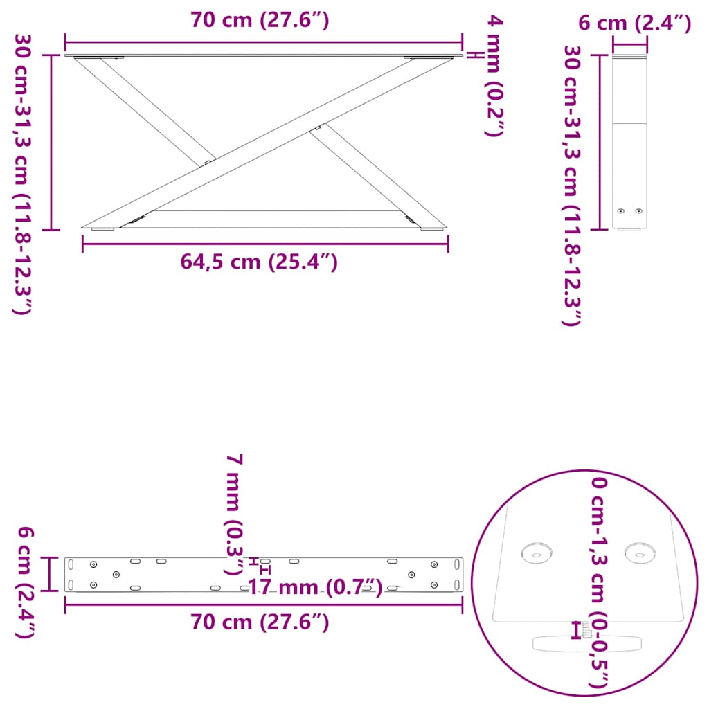 vidaXL Nogi do stolika kawowego 2 szt. Białe 70x(30-31,3) cm Stal