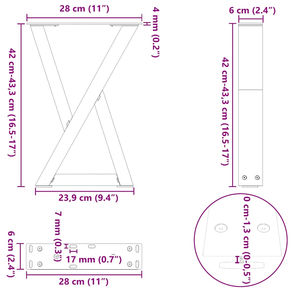 vidaXL Nogi do stolika kawowego 2 szt. Czarne 28x(42-43,3) cm Stal