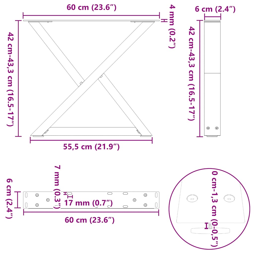 vidaXL Nogi do stolika kawowego 2 szt. Czarne 60x(42-43,3) cm Stal