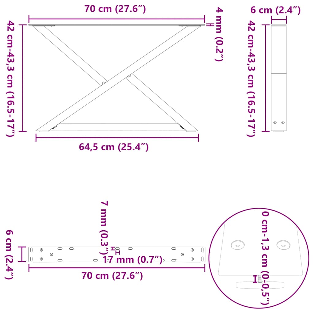 vidaXL Nogi do stolika kawowego 2 szt. Czarne 70x(42-43,3) cm Stal
