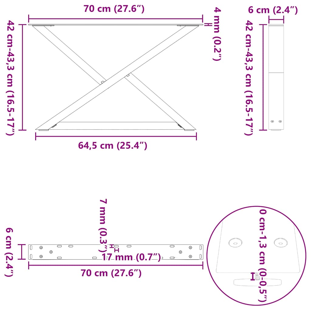 vidaXL Nogi do stolika kawowego 2 szt. Naturalna stal 70x(42-43,3) cm Stal