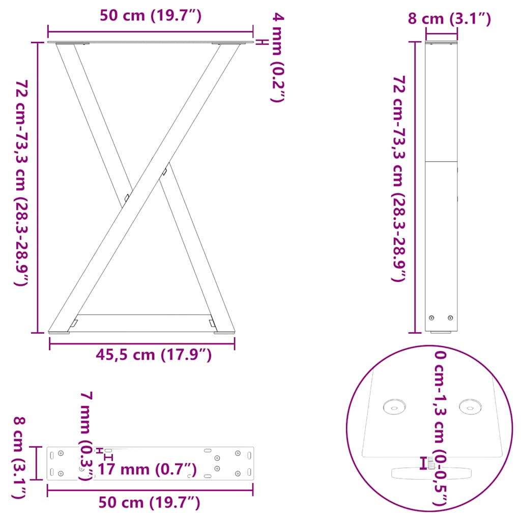 vidaXL Nogi do stołu jadalnego 2 szt. Czarne 50x(72-73,3) cm Stal