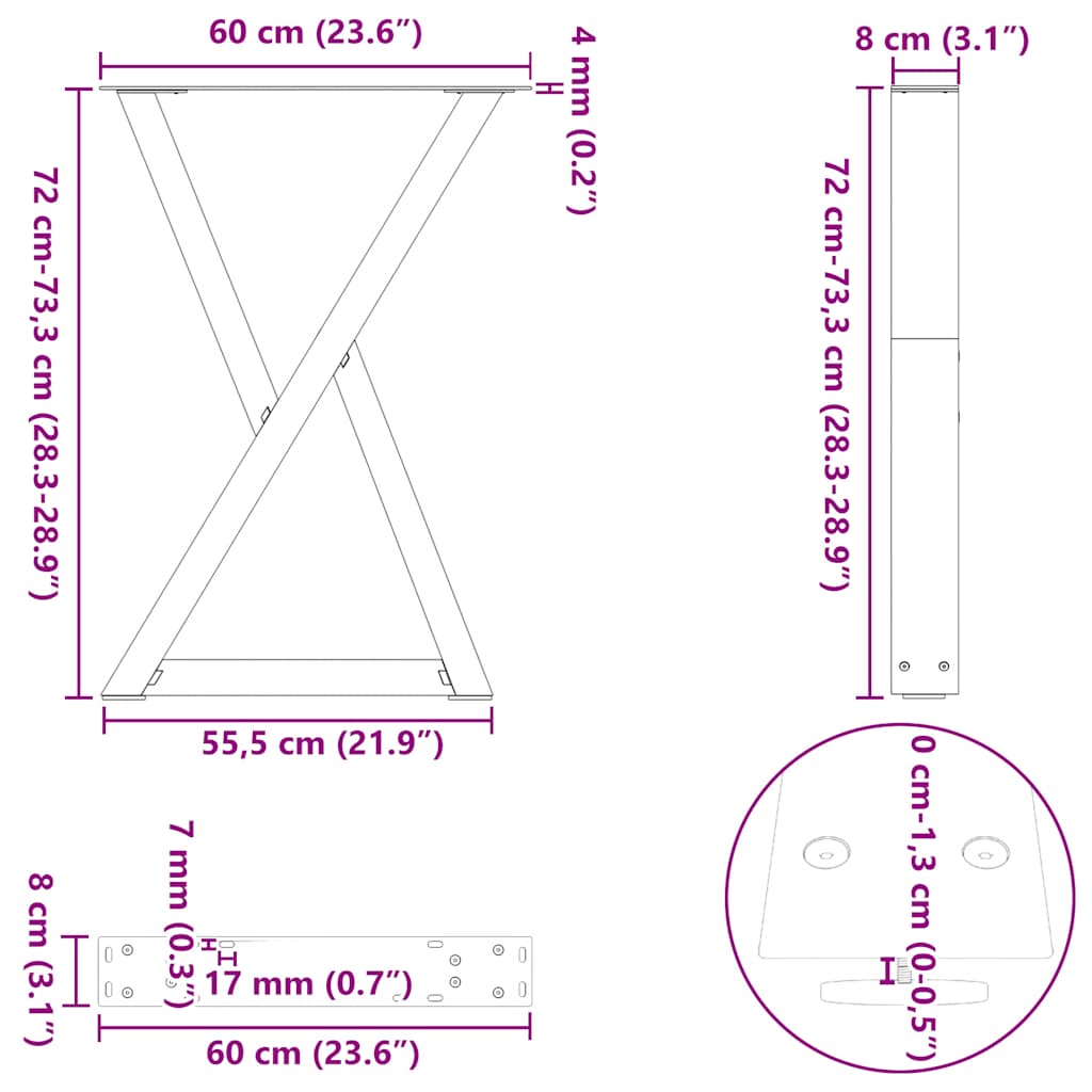 vidaXL Nogi do stołu jadalnego 2 szt. Antracyt 60x(72-73,3) cm Stal