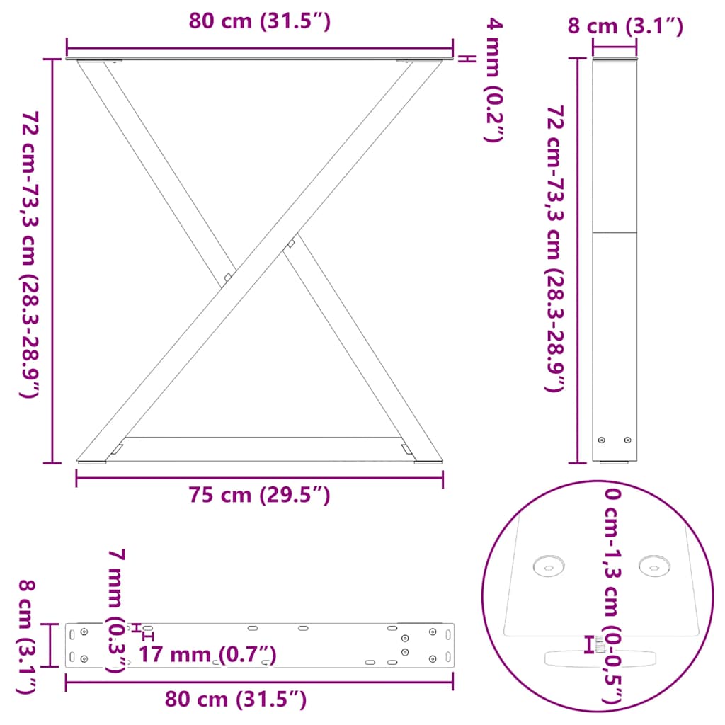 vidaXL Nogi do stołu jadalnego 2 szt. Czarne 80x(72-73,3) cm Stal