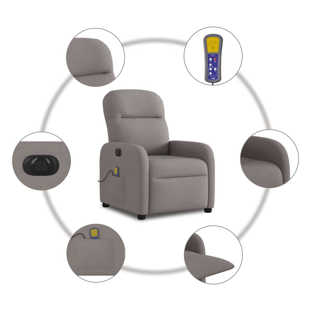 vidaXL Rozkładany fotel masujący, elektryczny, kolor taupe, tkanina