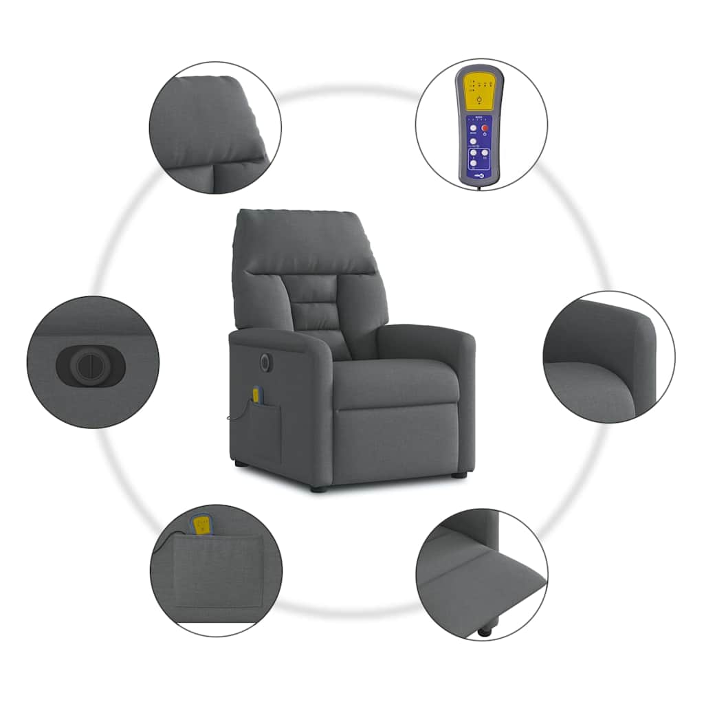 vidaXL Rozkładany fotel masujący, elektryczny, ciemnoszary, tkanina
