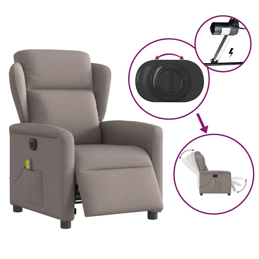 vidaXL Rozkładany fotel masujący, elektryczny, kolor taupe, tkanina