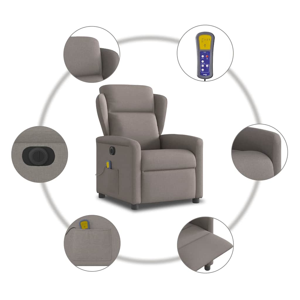 vidaXL Rozkładany fotel masujący, elektryczny, kolor taupe, tkanina