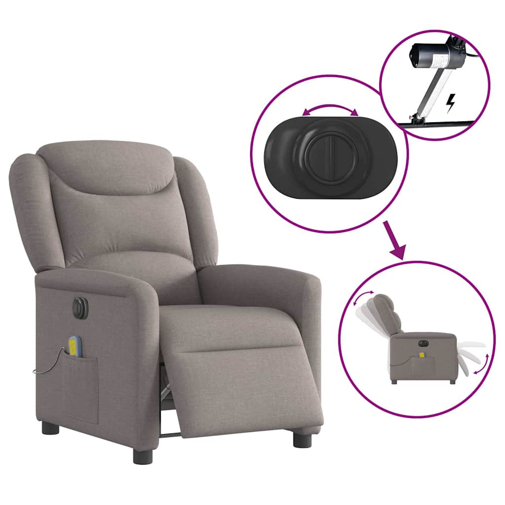 vidaXL Rozkładany fotel masujący, elektryczny, kolor taupe, tkanina