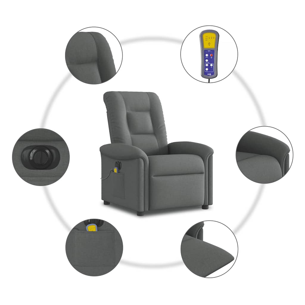 vidaXL Rozkładany fotel masujący, elektryczny, ciemnoszary, tkanina