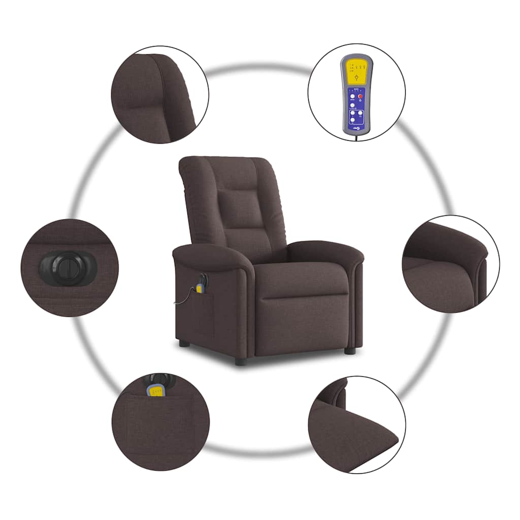 vidaXL Rozkładany fotel masujący, elektryczny, ciemny brąz, tkanina