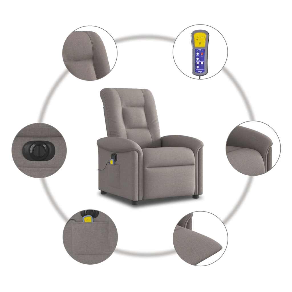 vidaXL Rozkładany fotel masujący, elektryczny, kolor taupe, tkanina