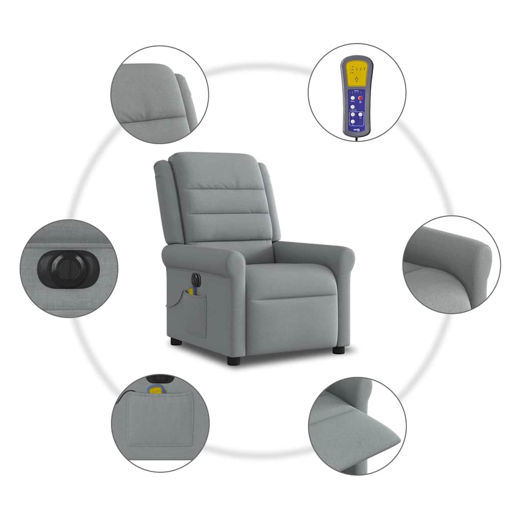 vidaXL Rozkładany fotel masujący, elektryczny, jasnoszary, tkanina