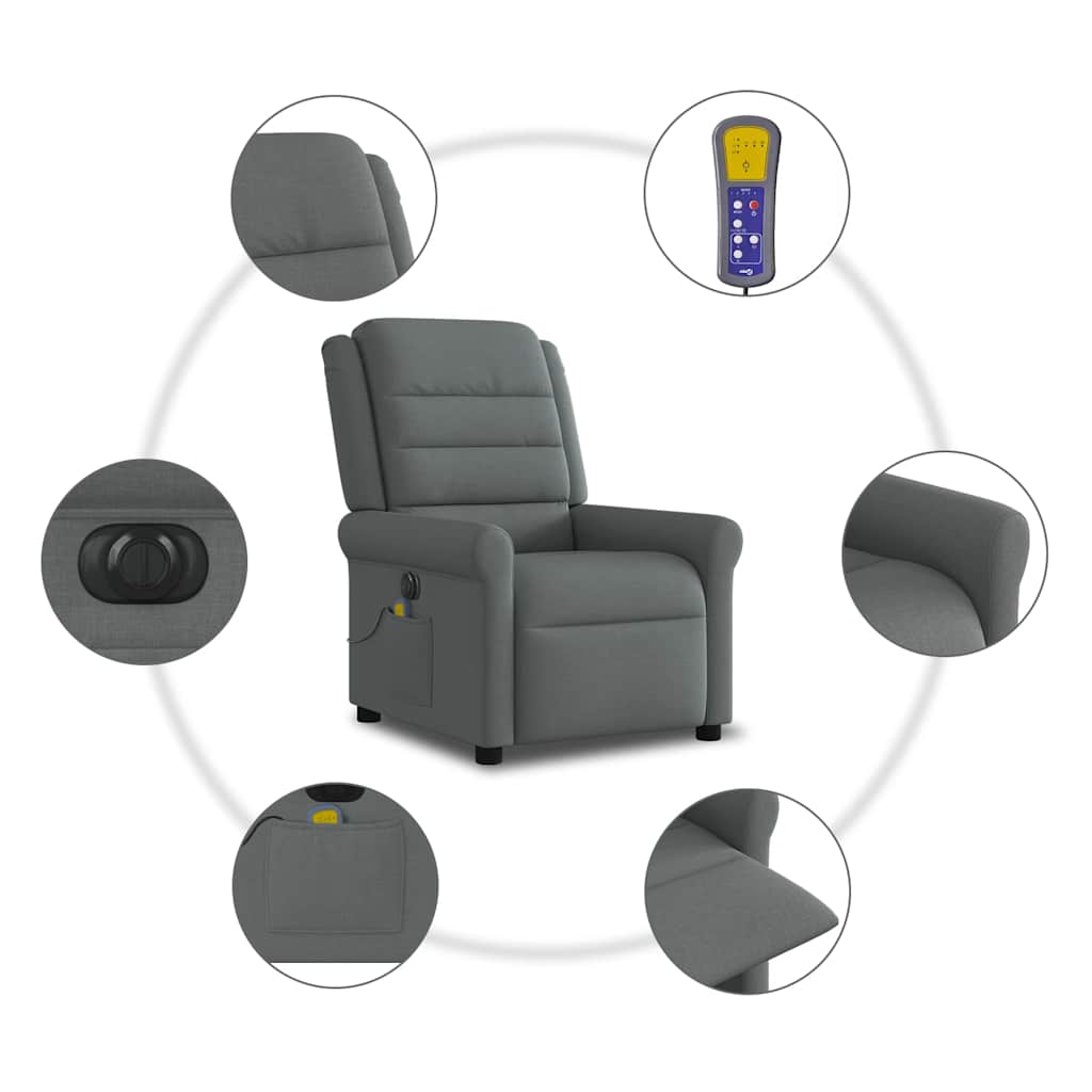 vidaXL Rozkładany fotel masujący, elektryczny, ciemnoszary, tkanina